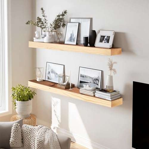 Solid Wood Floating Shelves, 36 Inch Wall Shelves, Set of 2, Wood | 8 Inch Deep, 1.6 Inch Thick, Extra-Wide Display Space, Mounting Hardware Included, For Kitchen, Bathroom and Living Room - color: Wood, size: 36x8x1.6