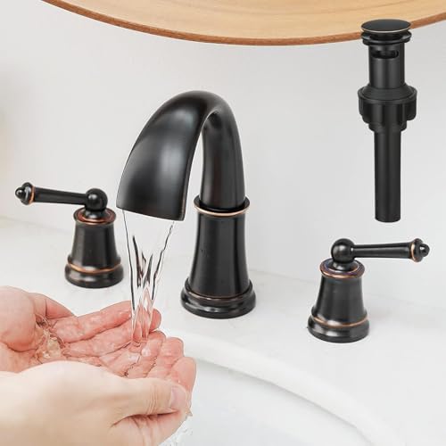 Widespread 8 inch Oil Rubbed Bronze Bathroom Faucet, Two Handles 3 Holes Sink Faucet Waterfall Spout Lavatory Basin Faucets, Vanity Bathroom Sink Faucet with Supply cUPC Lines