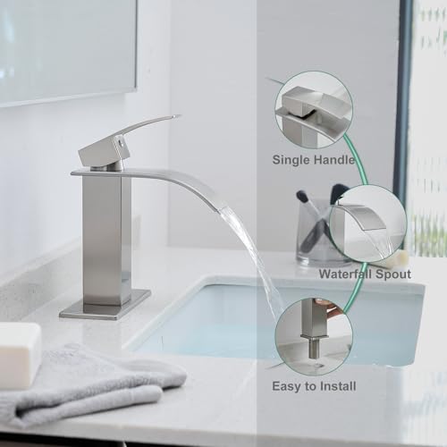 VOTON Waterfall Bathroom Faucets Brushed Nickel Modern Single Handle Sink Faucet for 1 or 3 Holes with Deck Plate and Pop-Up Drain, Rv Sink Camper Farmhouse Faucet - color: Brushed Nickel