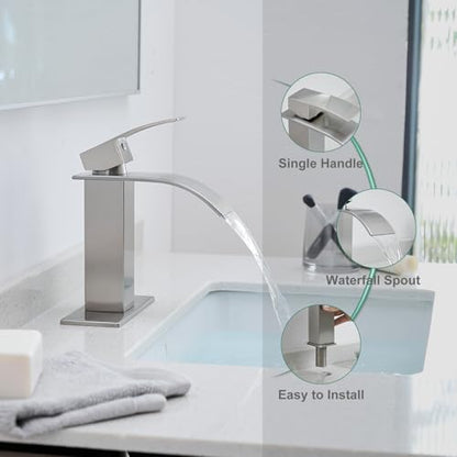 VOTON Waterfall Bathroom Faucets Brushed Nickel Modern Single Handle Sink Faucet for 1 or 3 Holes with Deck Plate and Pop-Up Drain, Rv Sink Camper Farmhouse Faucet - color: Brushed Nickel