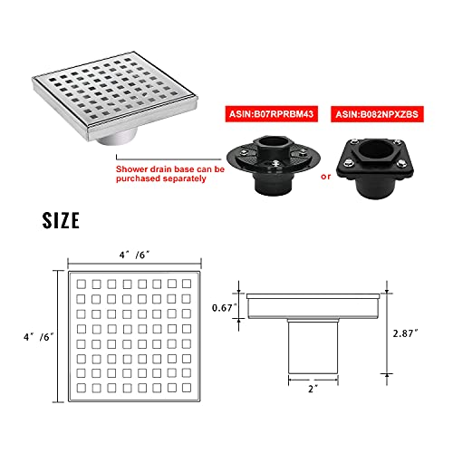SaniteModar Square Shower Drain 4 inch Brushed with Square Hole Cover | 304 Stainless Steel Brushed Shower Drain with Hair Catcher and Threaded Adapter - color: Quadrato Pattern Grate, size: 4 inch