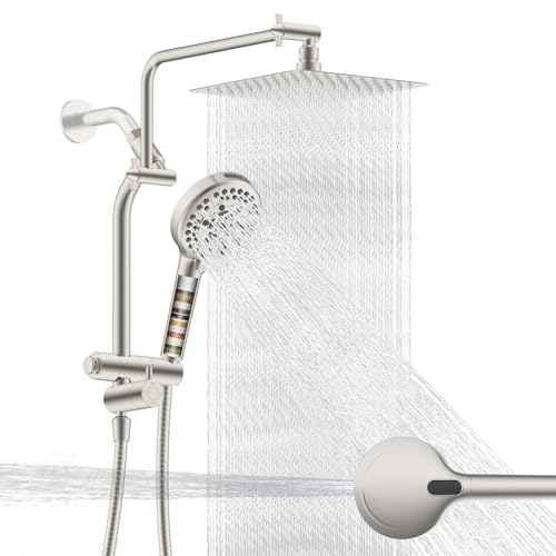 Metal 10" Rain Showerhead with 10-Spray Filter Handheld, 4-way Diverter | Brushed Nickel Finish, NSF/ANSI/CAN 372 Certified, High Pressure Shower Head with Pause Mode, 71" Hose/12" Extension Arm - color: Brushed Nickel, style: Square 10"