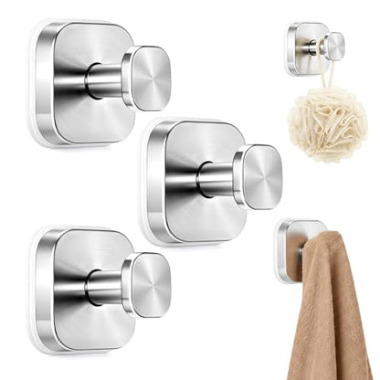 3Pcs Suction Cup Hooks for Bathroom Shower Robe Towel Wreath | Max Load 15Lbs 304 Stainless Steel Reusable Removable Rustproof Work on Smooth Surface Glass No Wall Damage - color: Silver