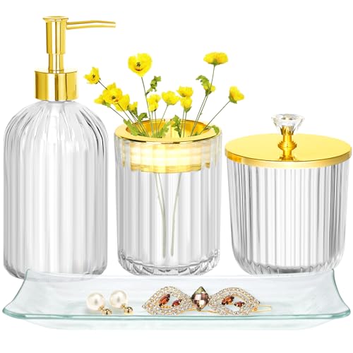 Bathroom Accessories Set, 4Pcs Clear and Gold Glass Bathroom Accessories Sets Complete w/Lotion Soap Dispenser, Toothbrush Holder, Apothecary Jar, Vanity Tray, Bathroom Decor | Kit w/ Bathroom Soap Dispenser Set, Toothbrush Holder, Qtip Holder, Vanity Tra