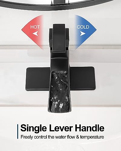 Waterfall Faucet, Brass Black Bathroom Sink Faucet 1 Hole or 3 Holes (4 Inch) with Single Handle, Pop-Up Drain, Lead-Free cUPC Supply Hoses & Deck Plate for Vanity Lavatory RV - color: Matte Black