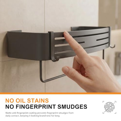 Gun Grey Adhesive Square Shower Caddy with Towel Bar, Soap Dish and Hooks | No-drill gun grey shower basket with towel bar, soap dish and hooks for smooth tile, glass and stainless steel bathroom walls - color: grey gun