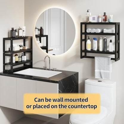Bathroom Shelves with Hanging Bar Over Toilet Storage - Adjustable Wall Organizer (Black) - color: Black