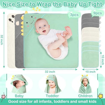 Sublaga 12 Pcs Baby Towels and Washcloths Set, 3 Pcs Baby Bath Towels & 8 Pcs Washcloths Set, Cute Baby Towels, Ultra Absorbent Soft Newborn Bath Essentials Gifts for Boys & Girls - color: Green Dinosaur, White Bear, Gray Bear