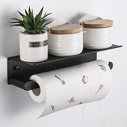 Wall Mount Paper Towel Holder with Shelf, Adhesive Towel Rack Matte Black | Self-Adhesive Paper Towel Holder with Shelf for Bathroom, Anti-Rust Aluminum, No Drill or Wall-Mounted with Screws - color: Black