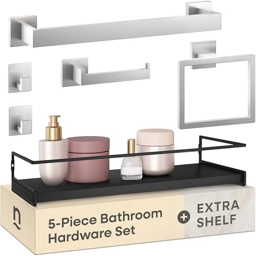 Brushed Nickel Bathroom Accessories Set with 15.7" x 5.9" Shelf, 6 Pcs (5+Shelf) - color: Brushed Nickel