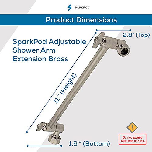 SparkPod 11" Extension Arm, Adjustable Height & Angle, Brushed Nickel | Adjustable Height & Angle, Sturdy Lock, Universal Connection, Transform your showers into rain shower experience - color: 2 - Elegant Brushed Nickel, style: 11 Inch Adjustable