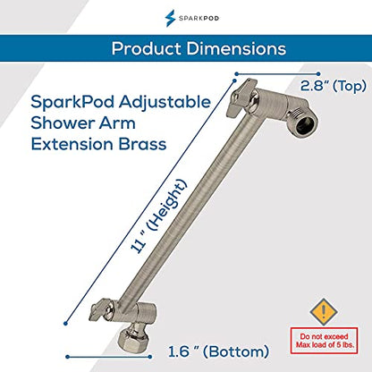 SparkPod 11" Extension Arm, Adjustable Height & Angle, Brushed Nickel | Adjustable Height & Angle, Sturdy Lock, Universal Connection, Transform your showers into rain shower experience - color: 2 - Elegant Brushed Nickel, style: 11 Inch Adjustable