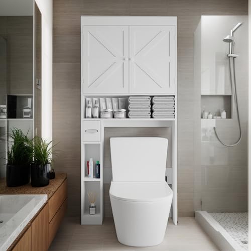 Gecheer Over-The-Toilet Storage Cabinet, 2 Door Bathroom Shelf with Open Display, Farmhouse Style MDF and Particle Board Organizer for Small Bathrooms, Laundry Rooms