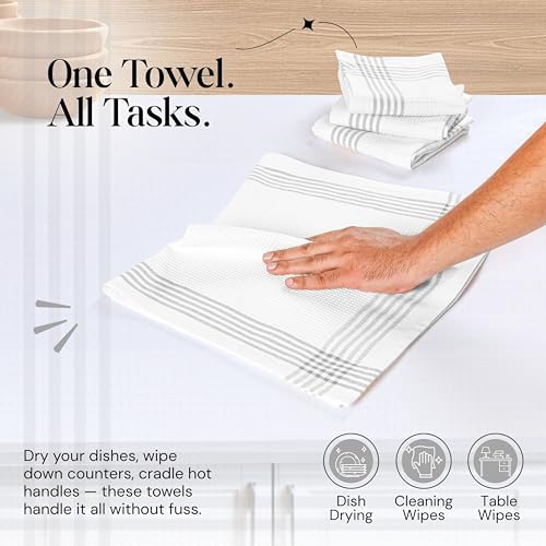 Grey and White Cotton Kitchen Towels 3 Pack, 16x26 Inch, Waffle Weave, Quick Dry, Absorbent, Durable Dish Towels for Drying, Cleaning, Cooking, Daily Kitchen Use - color: Light Grey, style: 3 Pack