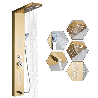 5-in-1 Shower Panel Tower System - Brushed Gold | 304 stainless steel Shower Panel Tower Column with Powerful Body Jets, Rainfall, Waterfall,Handheld and Tub Spout - color: Brushed Gold, style: LSH-8001