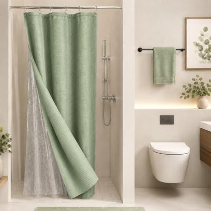 LaCyan Waterproof Waffle Shower Curtain, 258GSM Heavy Duty 3 Piece Set with Clear Liner and 6 Stainless Steel Hooks, Polyester Fabric Shower Curtains for Bathroom, Machine Washable, 36x72 Inch, Green - color: Green, size: 36"W x 72"L (Pack of 1)
