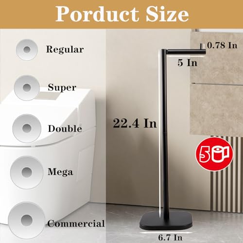 Toilet Paper Holder Stand, Free Standing Tissue Paper Storage for Bathroom, Stainless Steel Toilet Paper Stand with Reserve for 5 Roll Weighted Base Bathroom Toilet Roll Holder(Matte Black) - color: Matte Black