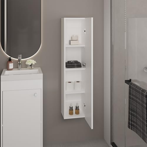 Tuhome Tall Wall Cabinet, 43.3" High Slim One Door Storage with Adjustable Shelves, White Wall Mounted Bathroom Wall Cabinet & Kitchen Wall Cabinet for Toiletries, Towels, Spices