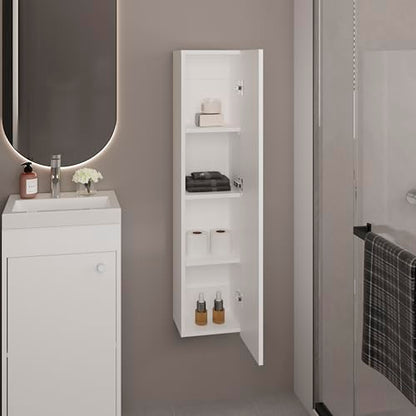 Tuhome Tall Wall Cabinet, 43.3" High Slim One Door Storage with Adjustable Shelves, White Wall Mounted Bathroom Wall Cabinet & Kitchen Wall Cabinet for Toiletries, Towels, Spices