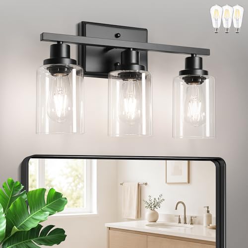 Ascher Bathroom Light Fixtures, 3 Light Vanity Light with LED Bulbs Included, Black Wall Sconces with Clear Glass Shades for Mirror, Kitchen, Living Room, Hallway, Cabinet - color: Black & Bulb, size: 3 Light
