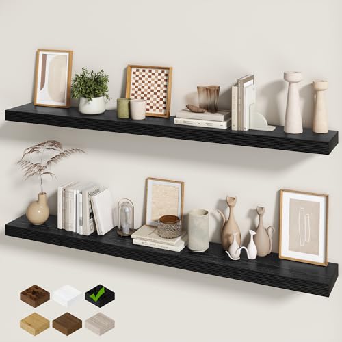 Fun Memories 60 Inch Fireplace Mantel - Long Floating Shelf, Wall Mounted Farmhouse Display with Invisible Heavy Duty Metal Bracket, Balck, 2 Pack - color: Black, size: 60"W x 6.5"D