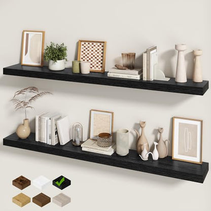 Fun Memories 60 Inch Fireplace Mantel - Long Floating Shelf, Wall Mounted Farmhouse Display with Invisible Heavy Duty Metal Bracket, Balck, 2 Pack - color: Black, size: 60"W x 6.5"D
