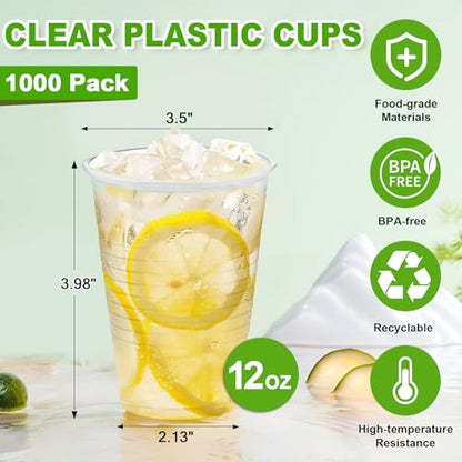 SIUQ 1000 Pack 12 oz Clear Plastic Cups, Bulk Disposable Cups 12 Ounce | Cold Party Drinking Cups for Party, Picnic, BBQ, Wedding, Travel, Halloween, Christmas, Events - style: 12 oz-1000pack