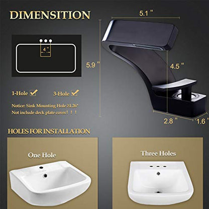 becola Bathroom Sink Waterfall Faucet,Solid Brass Single Handle Hot and Cold Water Mixer Tap, Lavatory Vanity Sink Faucet Including Two US Standard 3/8" Hoses (Matte Black) - color: Black