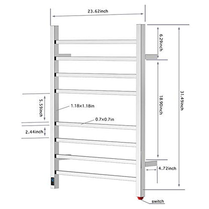 HEATGENE 8-Bar Square Towel Warmer, Heated Towel Rack, Timer, Brushed | 8 Square Bars With Timer And Temperature Control, 304 Stainless Steel Construction, Plug-In Or Hardwired Installation - color: Brushed