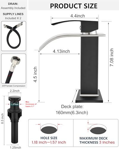 Midanya Waterfall Bathroom Faucet 1 Hole,Brushed Nickel Spout/Matte Black | with 24” Hoses,Pop Up Drain,6” Deck Plate,for 1 or 3 Hole Vanity,Lavatory,RV,Single Handle Bathroom Sink Faucet,NSF Certified - color: Nickel Spout/Black
