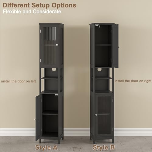 ChooChoo Narrow Bathroom Storage Cabinet with Light， Space Saving | Space Saving,Tall Bathroom Storage Cabinet, 5-Tier, 2 Doors, Slim, Freestanding, Adjustable Shelves, Black - color: Black