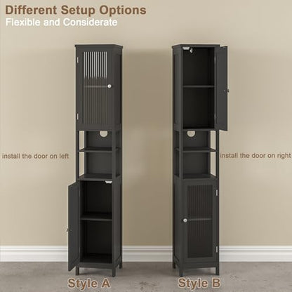 ChooChoo Narrow Bathroom Storage Cabinet with Light， Space Saving | Space Saving,Tall Bathroom Storage Cabinet, 5-Tier, 2 Doors, Slim, Freestanding, Adjustable Shelves, Black - color: Black