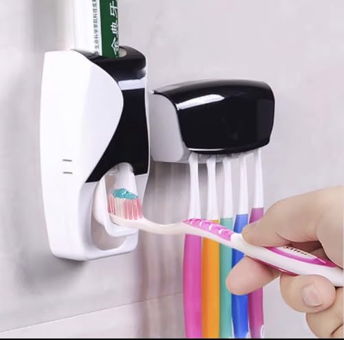 ABBEYLINK Automatic Toothpaste Dispenser with 5-Slot Toothbrush Holder, Wall Mounted Bathroom Storage Rack Set, Plastic