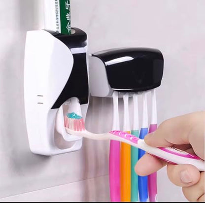 ABBEYLINK Automatic Toothpaste Dispenser with 5-Slot Toothbrush Holder, Wall Mounted Bathroom Storage Rack Set, Plastic