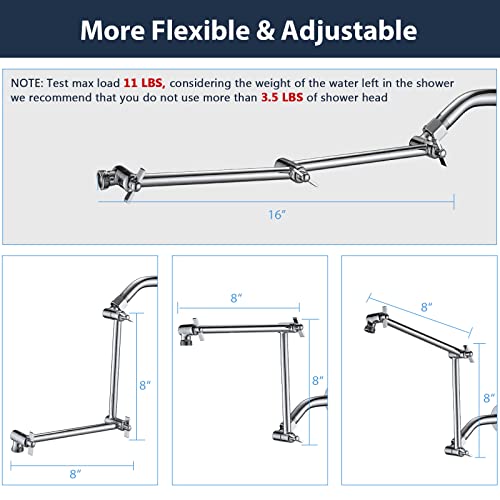 PDPBath Shower Extension Arm, 16" Upgrade Solid Brass Shower Head Shower Head Extender, Adjustable Height Extended with G1/2 Universal Connection for Rain & Handheld Shower Head - Chrome - color: Chrome, style: 8 Inch + 8 Inch