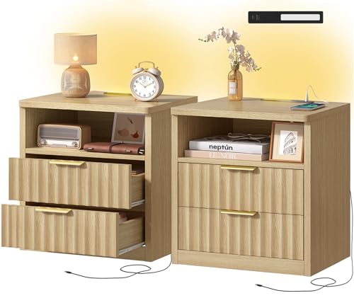 Fluted Nightstands Set of 2, Night Stand with Charging Station and LED Light, Storage Drawer and Open Shelf, Modern Bedside Table for Small Space, for Bedroom, Natural - color: Unbzx024rd2-zf