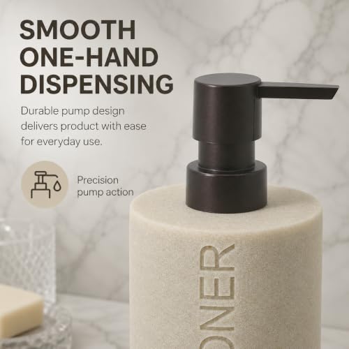 Resin Tan Sandstone Conditioner Engraved Bottle Refillable Pump Dispenser, Durable Waterproof Resin Construction for Bath, Shower - Tan Sandstone ORB Pump - color: Tan Sandstone Resin, Orb Pump - Conditioner
