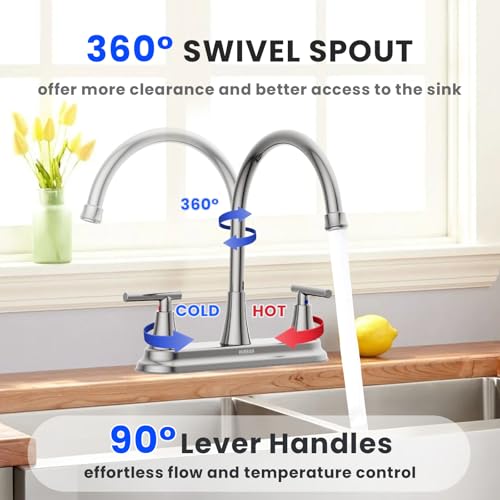 HURRAN 2 Handle Kitchen Sink Faucet, 8 Inch High Arc 360°Swivel Kitchen Sink Faucet, 3 Hole Kitchen Faucet Without Side Sprayer, Centerset RV Kitchen Faucet with Stainless Steel Pipe, Chrome - color: Chrome, style: Without Side Sprayer