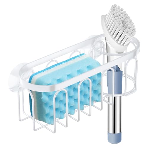 2-in-1 Sponge Holder for Kitchen Sink, Sink Caddy Kitchen Sink Organizer with 3 Suction Cups, No Drill Rustproof Sink Sponge Holder for Dish Brush, Soap & Sponge (White) - color: A Style-White