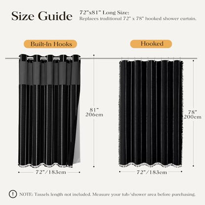 72x81 Ringless Boho Shower Curtain with Snap in Liner, Black and White | Tall Size, Farmhouse Striped Tassel Design, Thick Linen Blend, 3 in 1 Shower Curtain, Waterproof, Washable, Sheer Window - color: Black, size: 72"W x 81"L (Pack of 1)