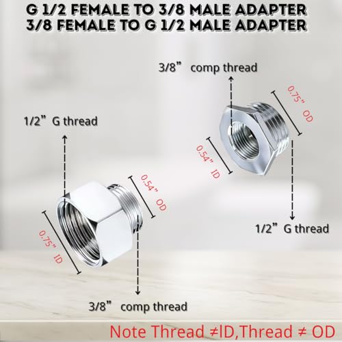 3/8 to 1/2 & 1/2 to 3/8 Faucet Adapter Set, 4 Pack G 1/2 and 3/8 Compression Thread, Nickel Plated Brass Plumbing Reducer Fittings