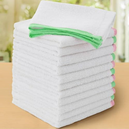 VOOVA & MOVAS White Bar Mop Towels, 12 Pack, 100% Cotton, Green Pink Trim | 12"x12" Terry Fabric, 500GSM Density, Soft, Odor-Free & High Absorbency, Reusable Machine Washable, Ideal For Kitchen Cleanin - size: 12PC Bar Towels (12"x12")
