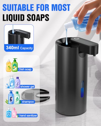 Fantictas Automatic Soap Dispenser, 11.5 oz Stainless Steel Touchless Pump | Touchless Soap Dispenser for Hand or Dish Soap, USB-C Rechargeable with 3 Adjustable Levels, for Kitchen Sink and Bathroom - color: Black, style: Gel