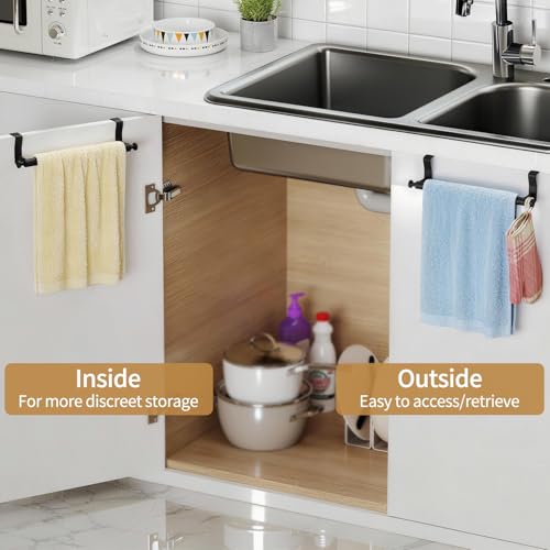STWWO Over Cabinet Towel Holder with Hooks, 2 Pack Black Bars for Kitchen | Stainless Steel Over The Cabinet Towel Rack Bars, Dish Towel Holder for Kitchen Cabinet Doors - color: Black