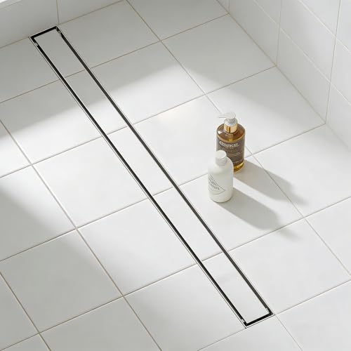 Linear Shower Drain 36 Inch Shower Trench Drain with Tile Insert Grate | Evolvegoods 304 Stainless Steel Bathroom Floor Drain,Rectangular Shower Drain with Leveling Feet,Hair Strainer,Brushed Nickel - size: 36 Inches