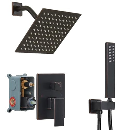 Oil Rubbed Bronze Shower System 8 Inch Bathroom Rain Mixer Shower Combo Set Wall Mounted Rainfall Shower Head and Handheld System Shower Faucet Set Rough-in Valve Body and Trim Kit - color: Oil Rubbed Bronze, size: 8 Inch