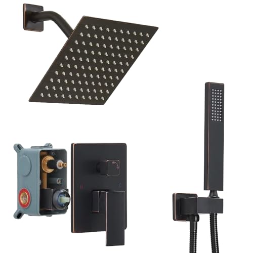 Oil Rubbed Bronze Shower System 8 Inch Bathroom Rain Mixer Shower Combo Set Wall Mounted Rainfall Shower Head and Handheld System Shower Faucet Set Rough-in Valve Body and Trim Kit - color: Oil Rubbed Bronze, size: 8 Inch