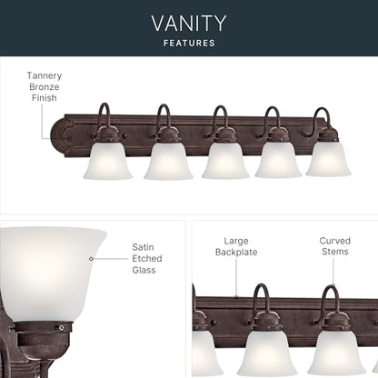 Kichler 5-Light Bathroom Vanity Light, Tannery Bronze | Damp-rated vanity light with satin etched glass (36" x 8" x 5"), 5339TZS - color: Tannery Bronze, size: 36"