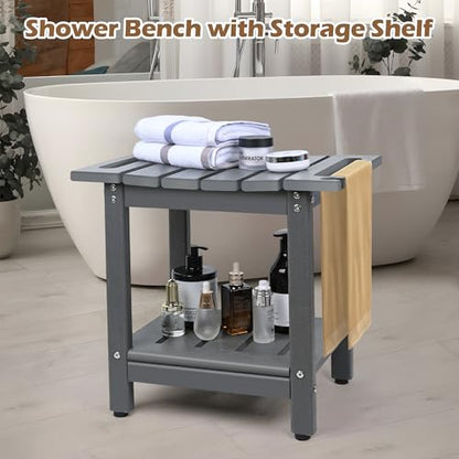 Shower Bench, HDPE Waterproof Shower Chair for Inside Shower | Heavy-Duty Bathroom Bench with Non-Slip Adjustable Feet & Storage Shelf, Stable Shower Stool for Shaving Legs, Grey - color: Grey
