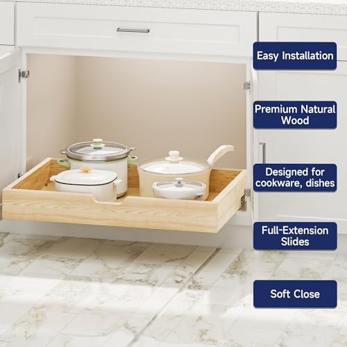 Pull Out Cabinet Organizer, 31.5 in W x 21 in D Solid Wood Slide Out Drawer, Soft Close Sliding Shelf, Bottom or Side Mount for Kitchen Pantry Bathroom, Fits 32.5 in Cabinet Opening - size: 31½” W × 4"H x 21” D